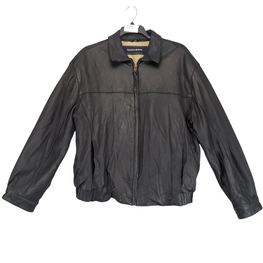 Dockers Black Lamb Leather Jacket Mens XL Full Zip Lined Classic Coat‎ Rugged